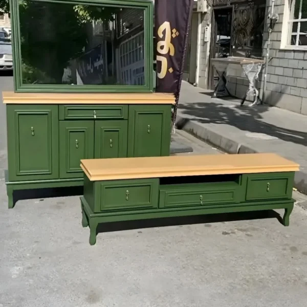 طول آینه کنسول ۱۴۰ عرض ۳۸ ارتفاع ۹۰ طول میز ۱۶۰ عرض ۳۸ ارتفاع ۶۰ متریال استفاده شده تمام mdf(کار رنگی می‌باشد) پایه ها چوب روس کوره ای درب ها آرام بند آینه شفاف صفحه سوبل دستگیره فلزی